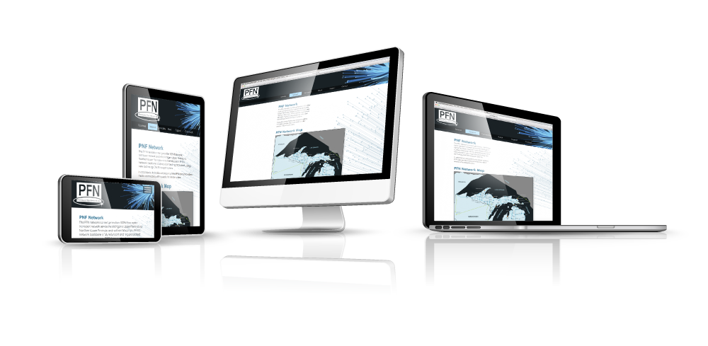 Desktop, laptop, tablet, mobile phone all displayed with PFN Network page loaded