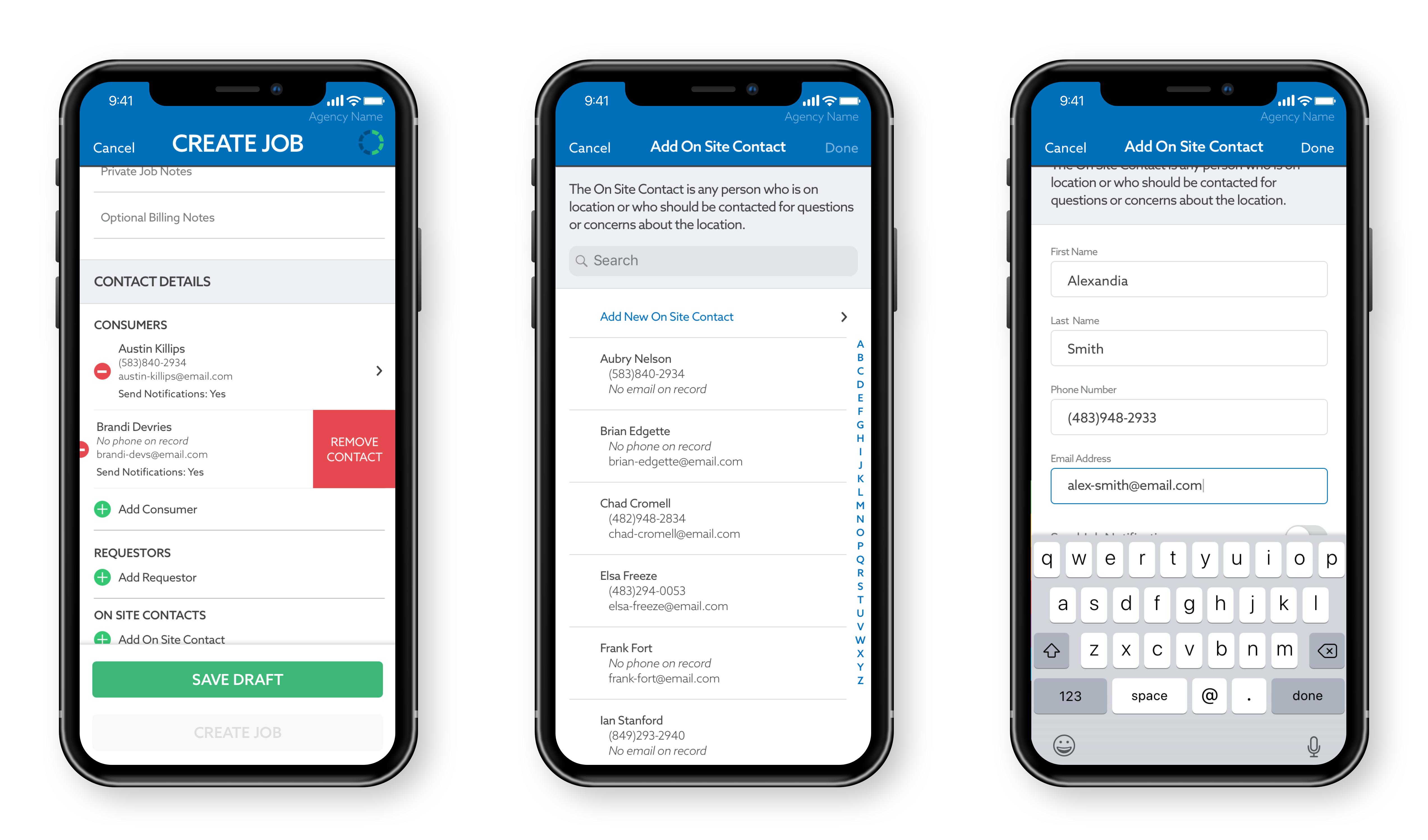 3 iPhone Xs with Terp Schedule iOS UI - Contact Details Section of Create Job Form