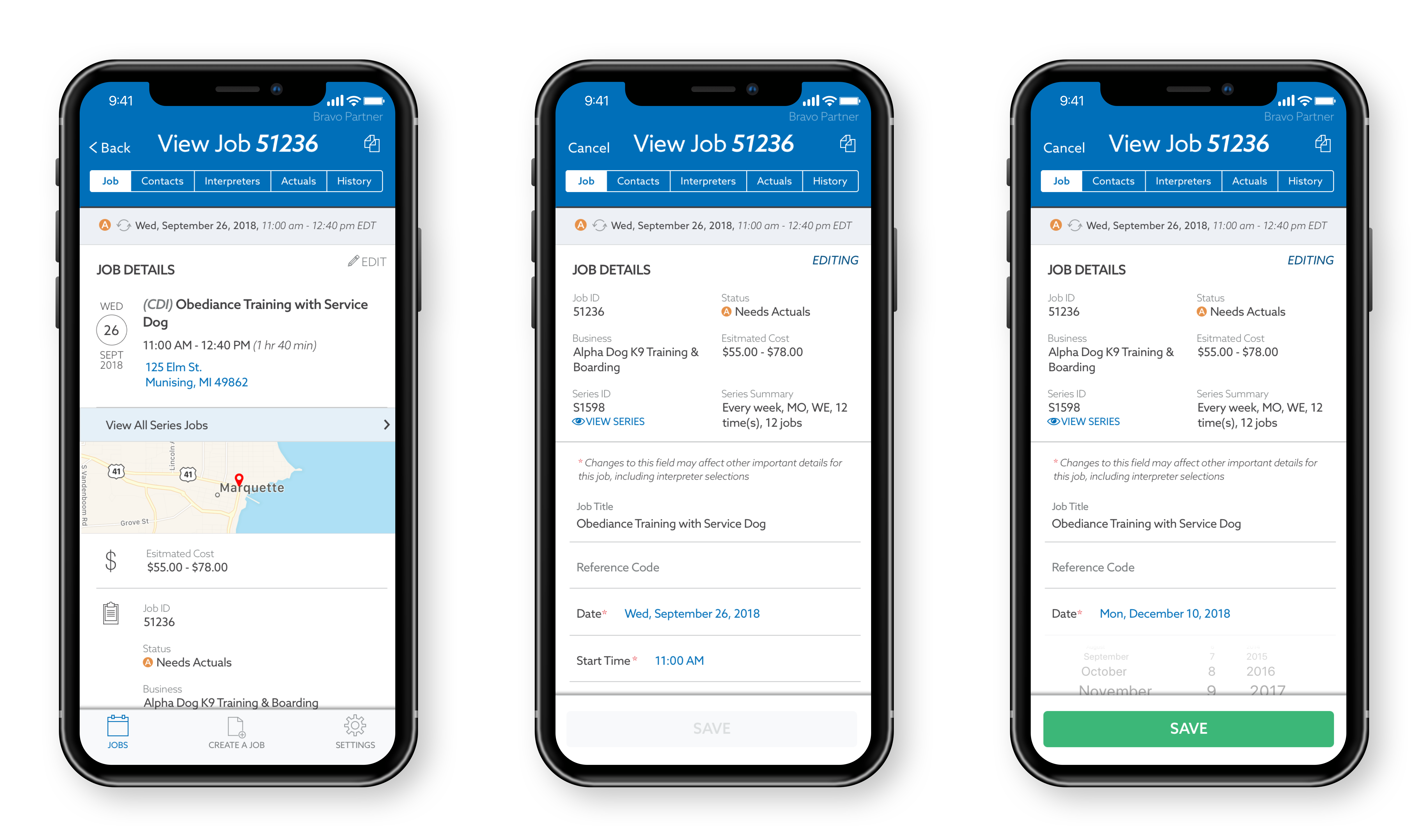 3 iPhone Xs with Terp Schedule iOS UI - View/Edit Job Page