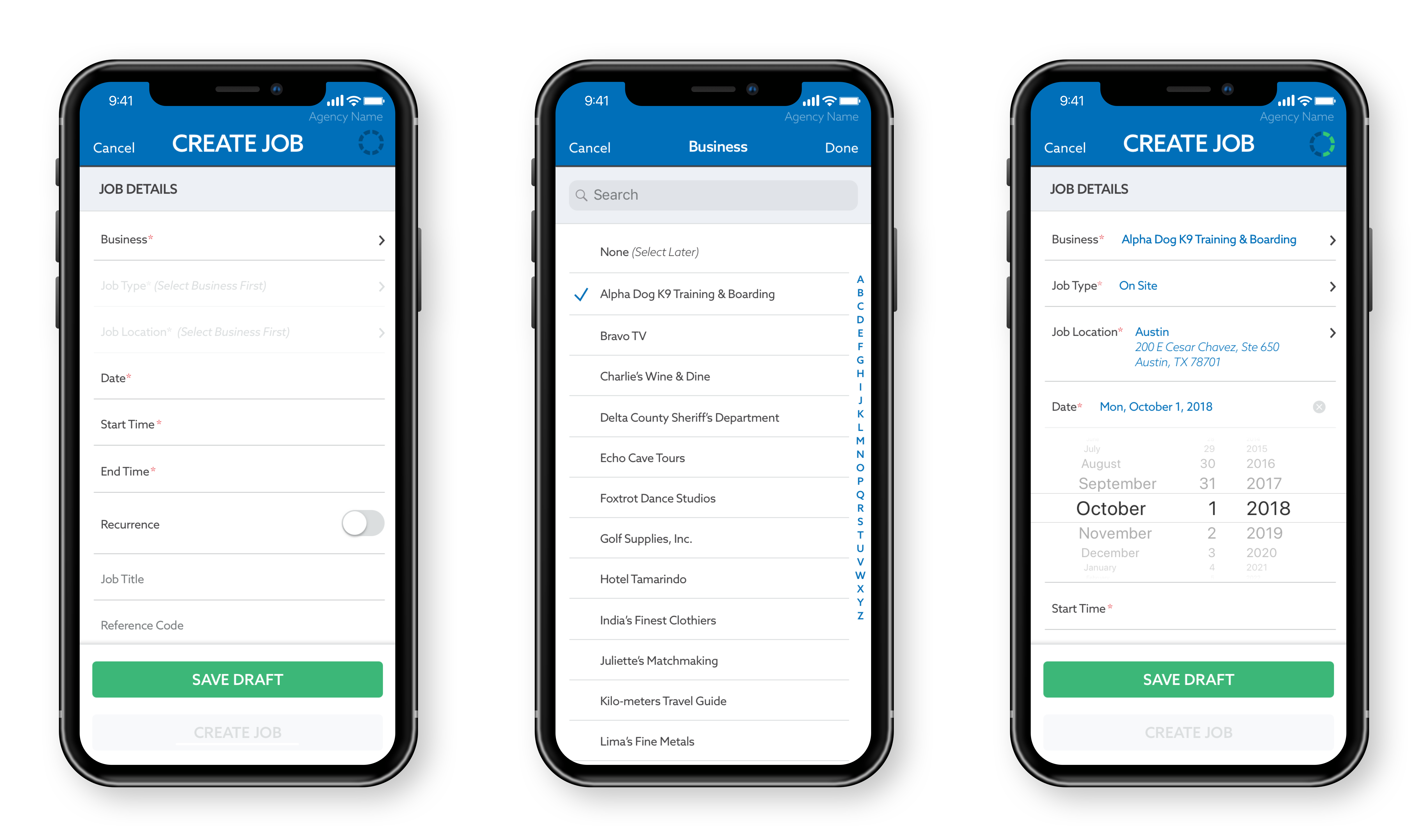 3 iPhone Xs with Terp Schedule iOS UI - Job Details Section of Create Job Form