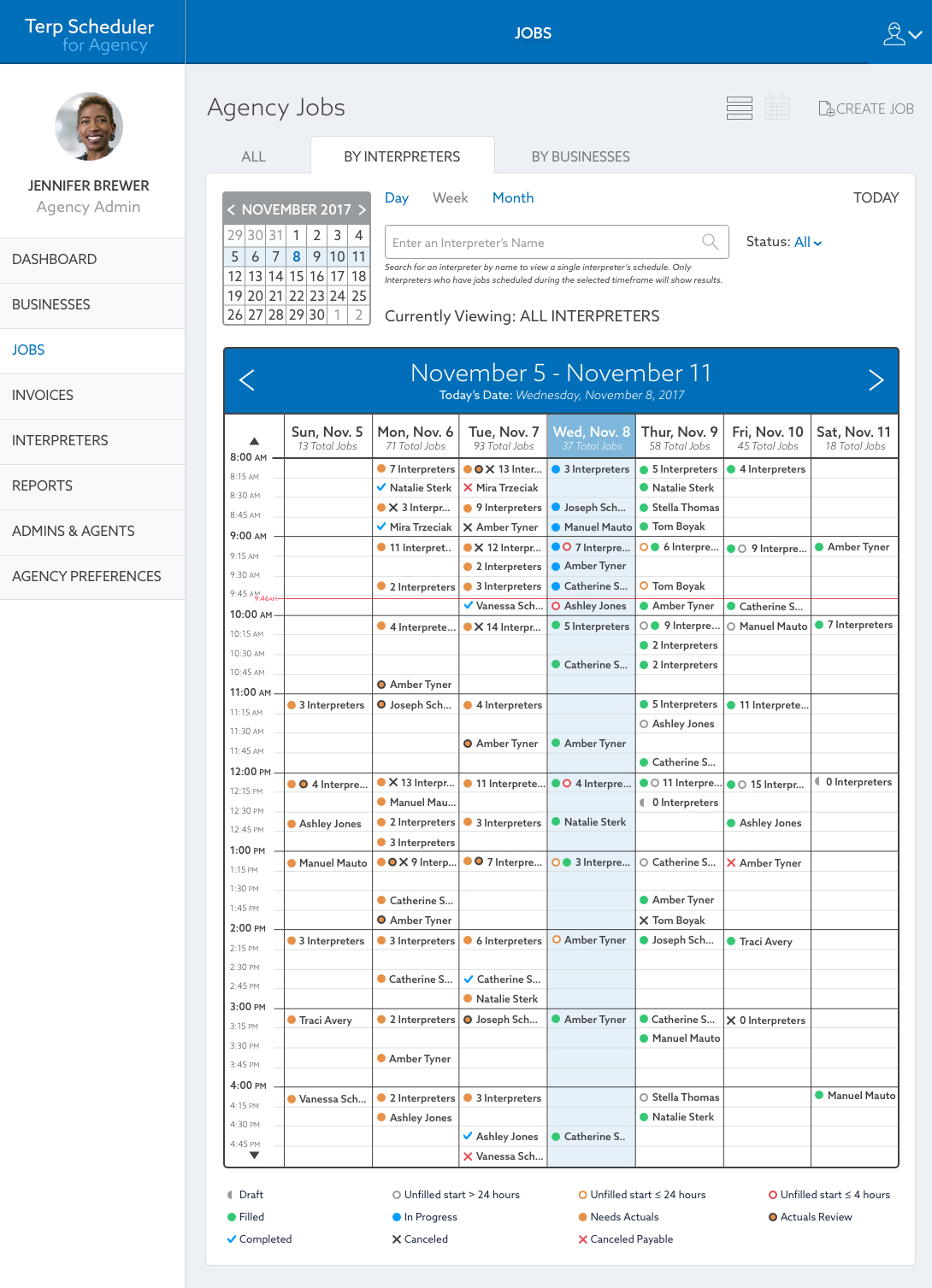 UI View of Terp Scheduling Agency Calendar View — Week View, viewing by All Terps