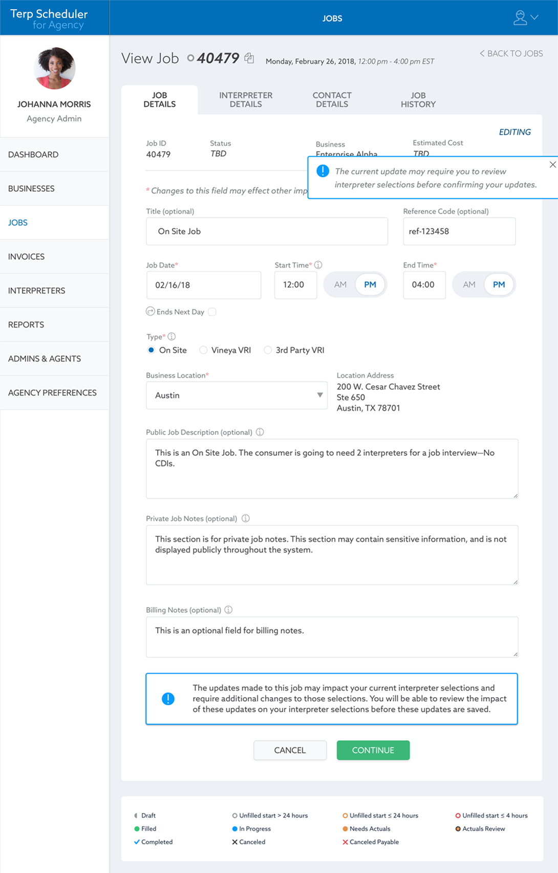 Terp Scheduler UI &mdash; View Job page in Edit mode with flash message stating "The updates made to this job may impact your current interpreter selections and require additional changes to those selections. You will be able to review the impace of these updates on your interpreter selections before these updates are saved.