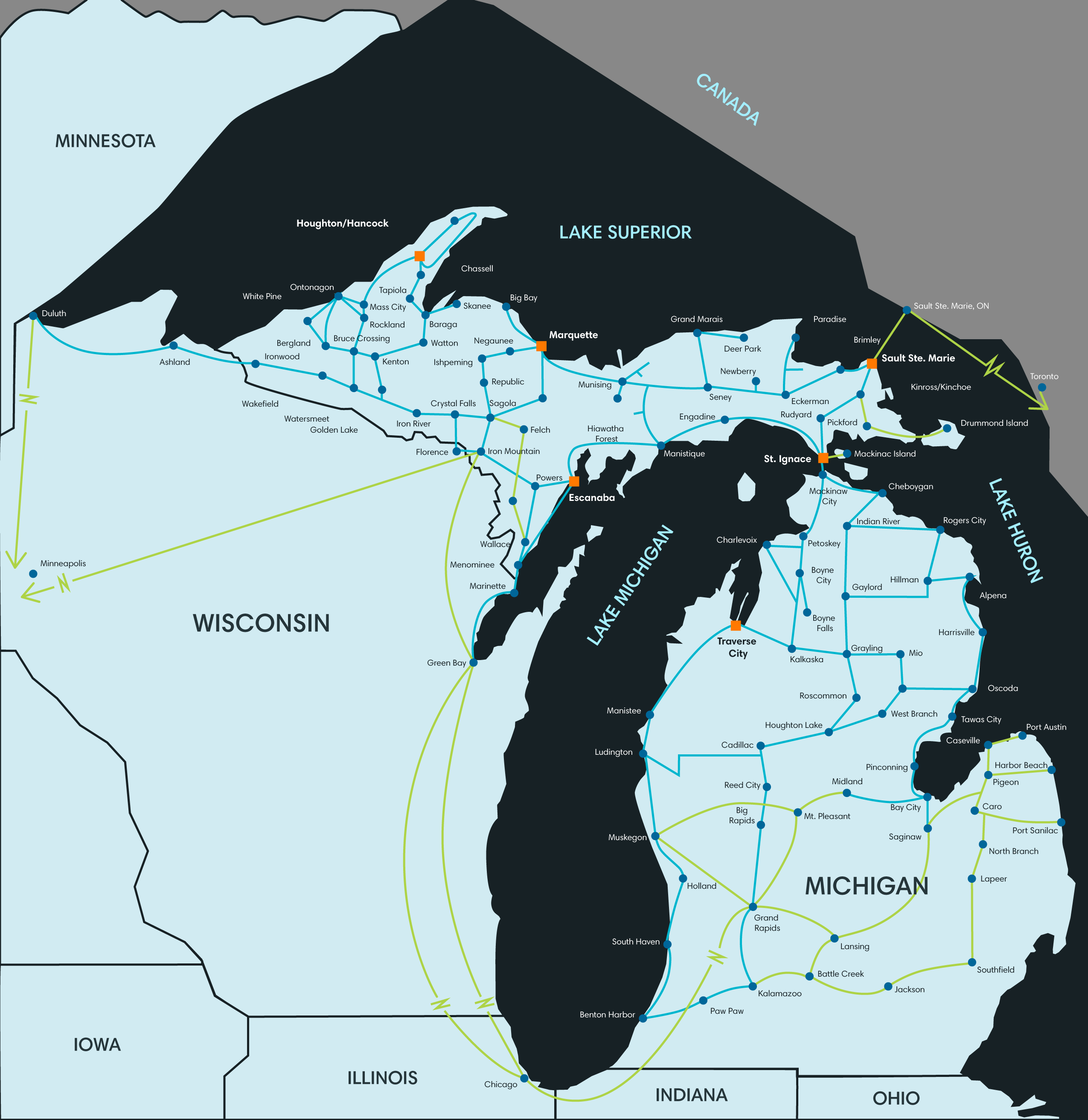 Map of US Midwest states with PFN Existing Fiber Build, Partner Routes, Nodes, and Metro Network Locations